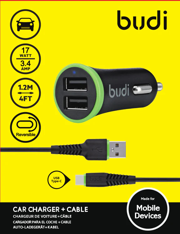 Budi 1.2m Lightning Car Charger + Cable