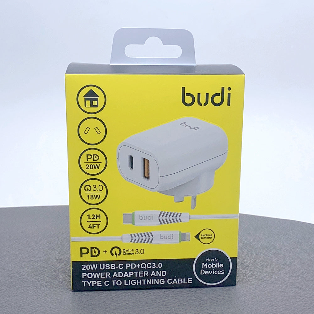 Budi 1.2m QC 3.0 PD 20W Wall Charger With Type-C To Lightning Cable 18W