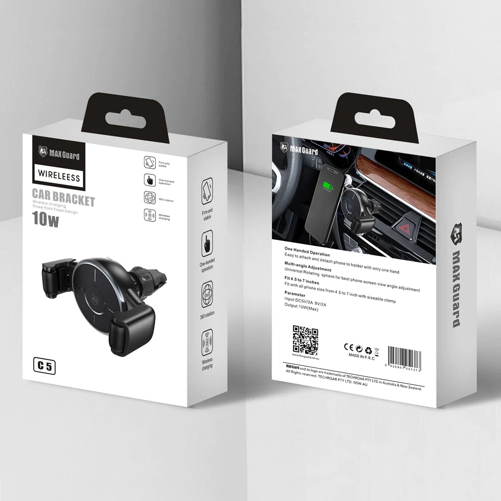 "Maxguard C5 10W Wireless Car Charger mounted on dashboard"
