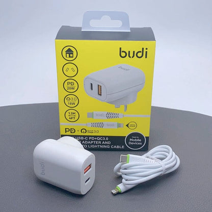 Budi 1.2m QC 3.0 PD 20W Wall Charger With Type-C To Lightning Cable 18W