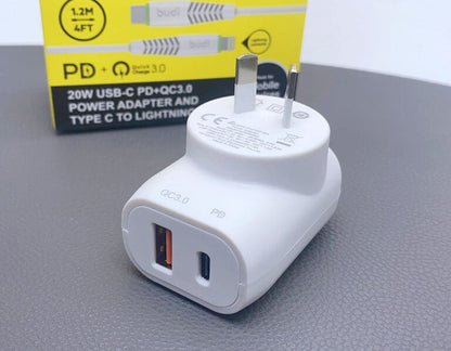 Budi 1.2m QC 3.0 PD 20W Wall Charger With Type-C To Lightning Cable 18W