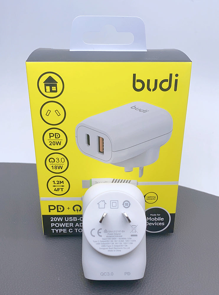 Budi 1.2m QC 3.0 PD 20W Wall Charger With Type-C To Lightning Cable 18W