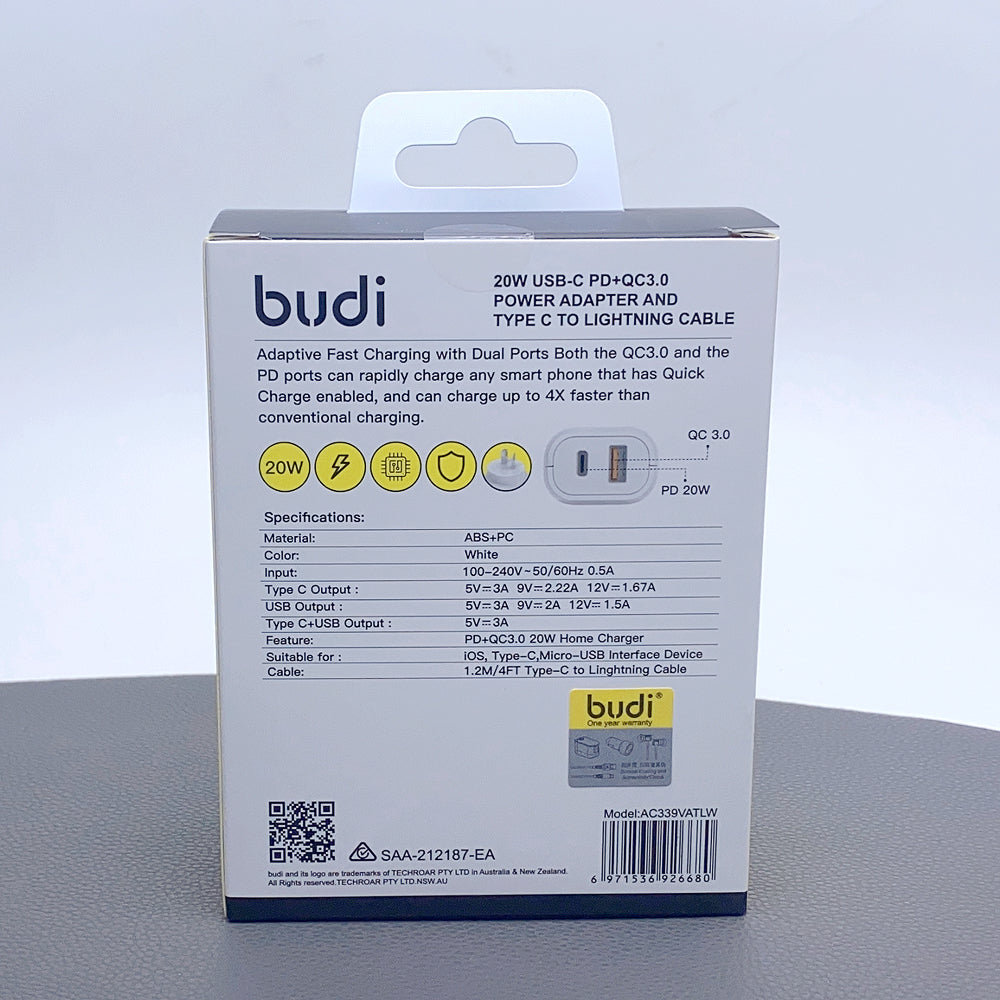 Budi 1.2m QC 3.0 PD 20W Wall Charger With Type-C To Lightning Cable 18W