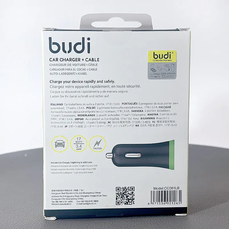 Budi 1.2m Lightning Car Charger + Cable